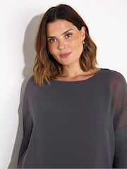 Live Unlimited Grey Curve Overlay Chiffon Top with Jersey Sleeves - Image 2 of 4