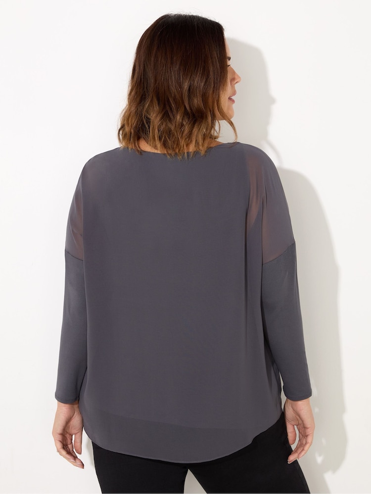 Live Unlimited Grey Curve Overlay Chiffon Top with Jersey Sleeves - Image 4 of 4