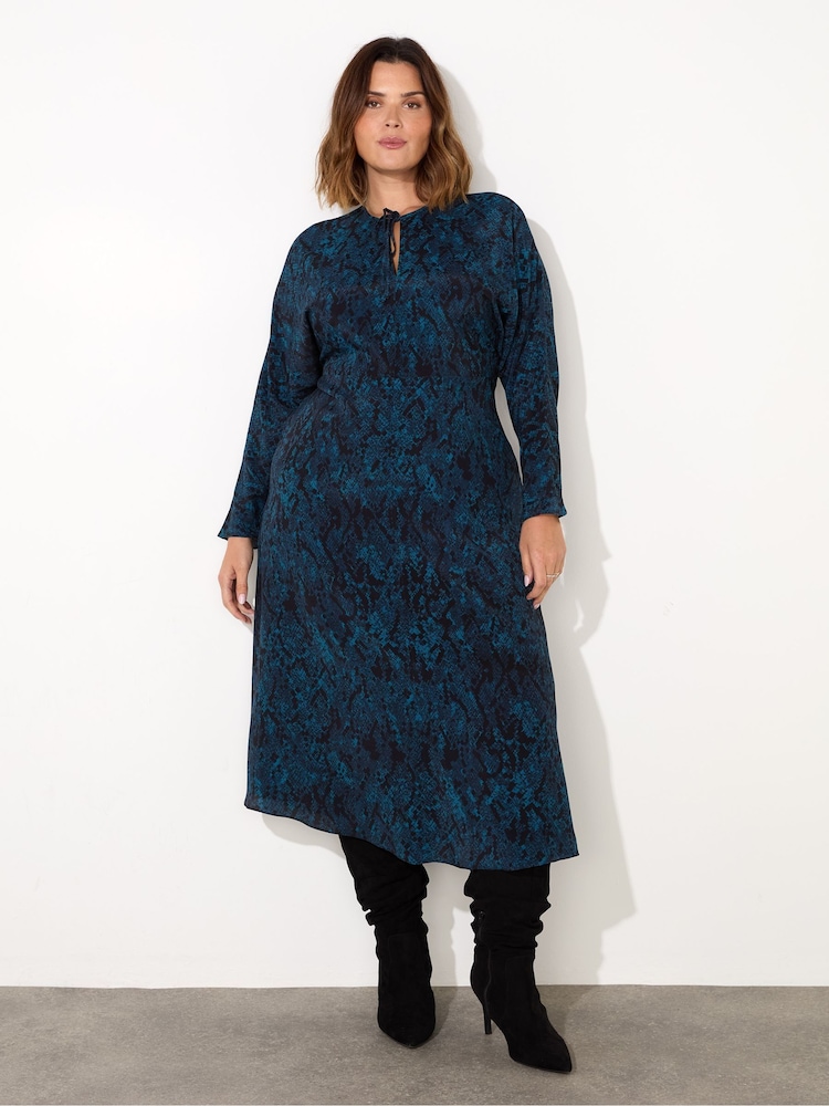 Live Unlimited Blue Curve Snake Effect Print Tie Front Dress - Image 1 of 4 Live Unlimited Blue Curve Snake Effect Print Tie Front Dress - Image 1 of 4