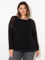 Live Unlimited Black Curve Overlay Chiffon Top with Jersey Sleeves - Image 2 of 4