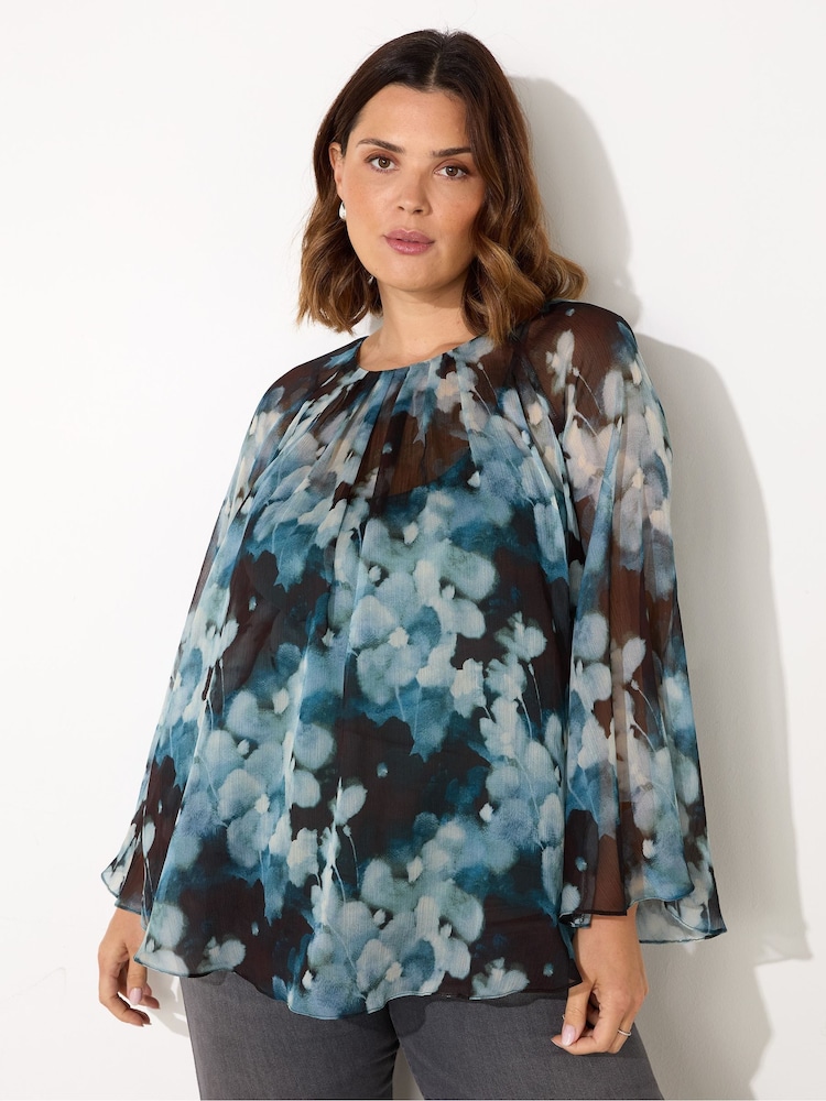 Live Unlimited Blue Floral Crinkle Chiffon Blouse - Image 2 of 5