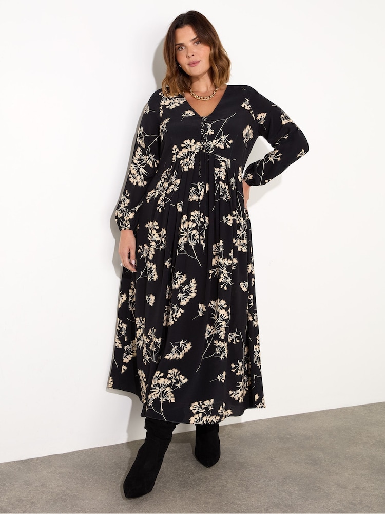 Live Unlimited Black Petite Curve Floral Tie Front Midi Dress - Image 1 of 5