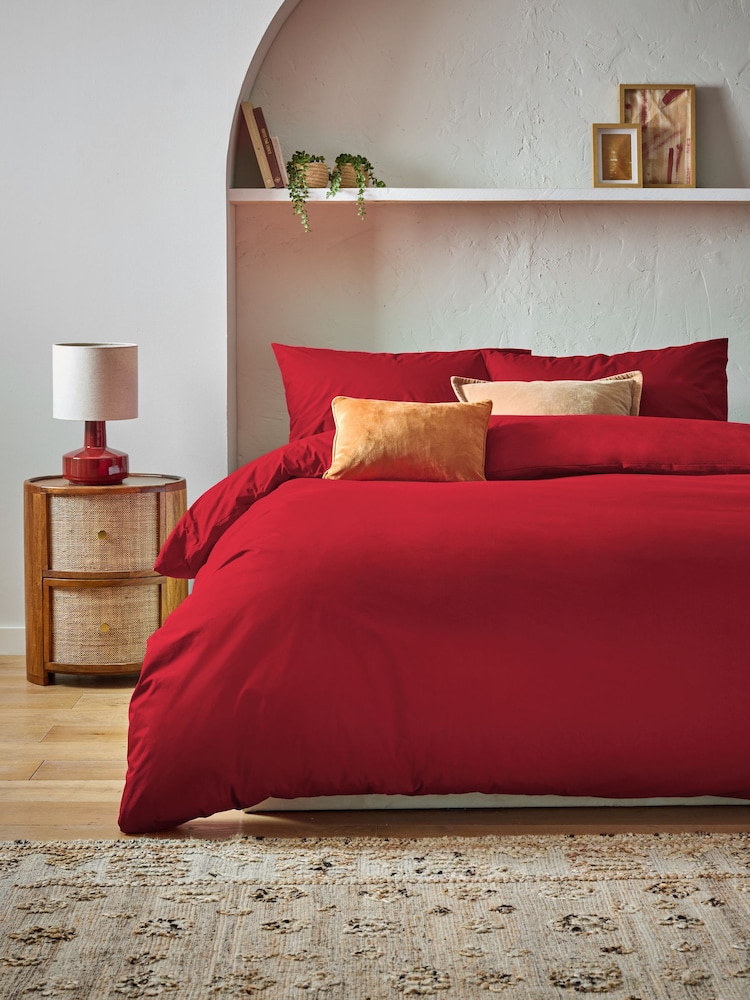 Red Cotton Rich Plain Duvet Cover and Pillowcase Set - Image 1 of 4