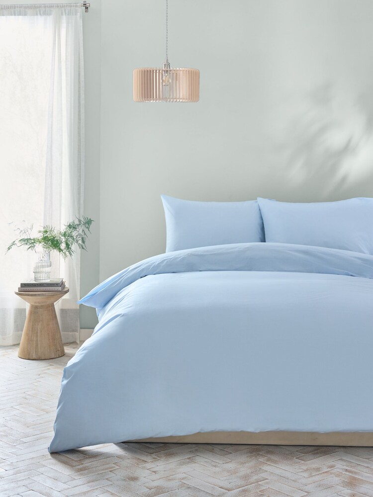 Light Blue Pure 100% Cotton 144 Thread Count Duvet Cover and Pillowcase Set - Image 1 of 6