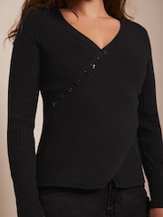 Mint Velvet Black Asymmetric Button Jumper - Image 5 of 7