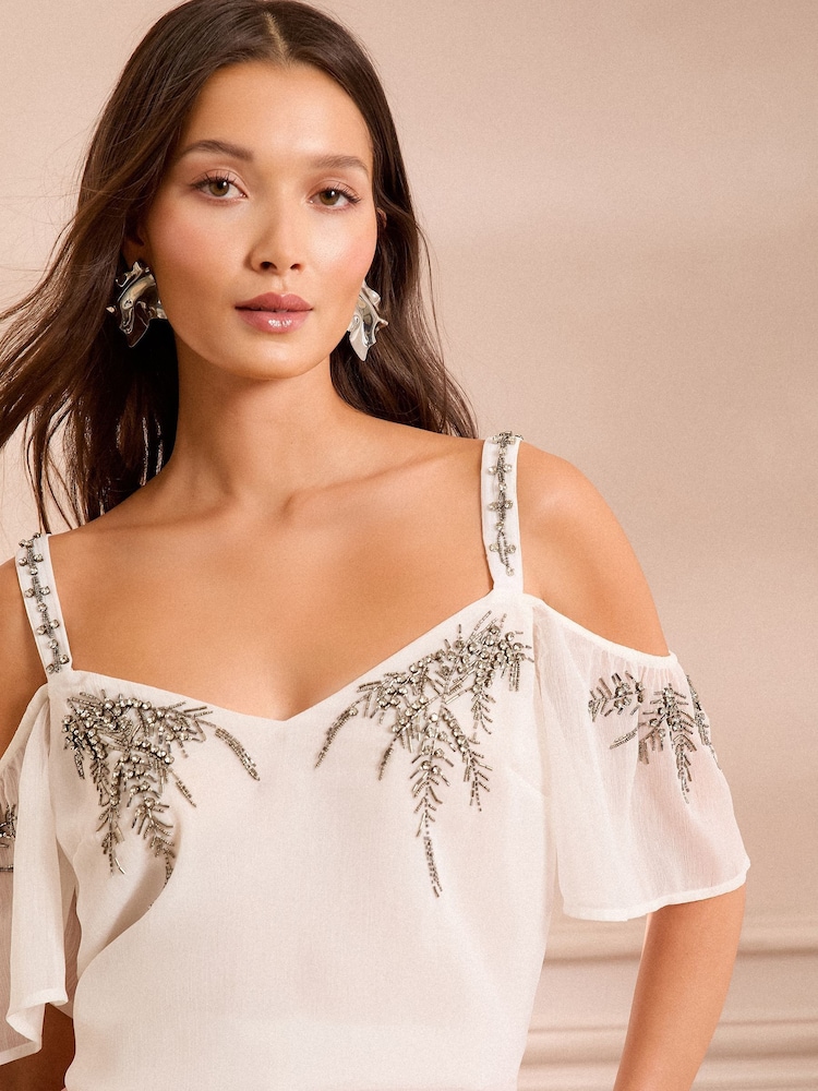 Love & Roses White Ecru Cold Shoulder Embellished Top - Image 2 of 4