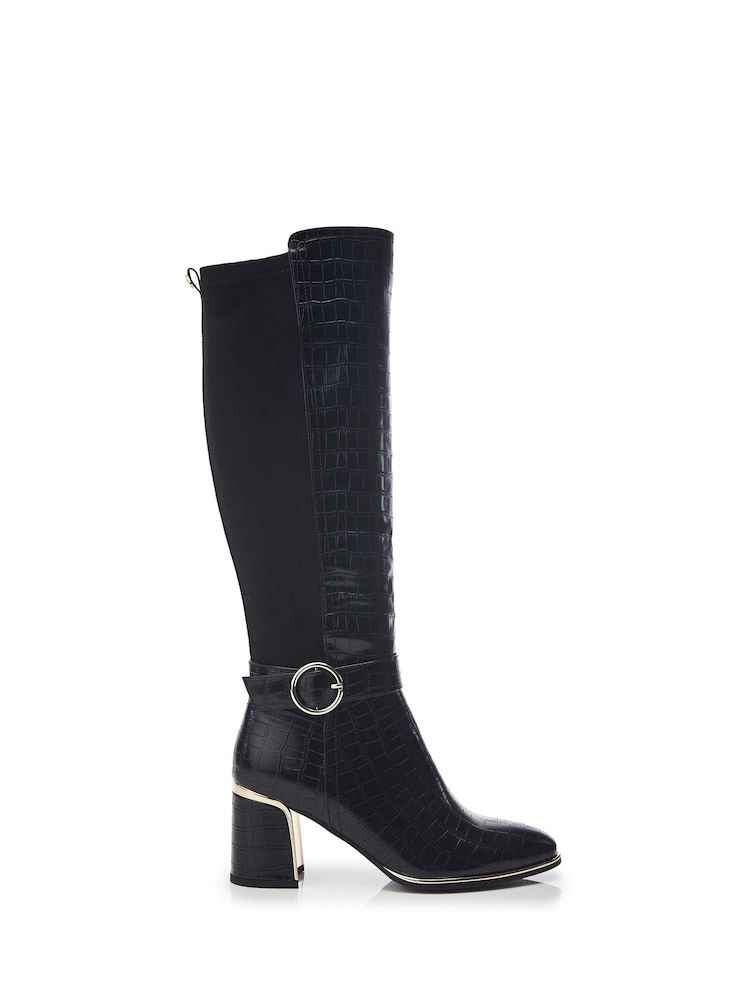 Moda in Pelle Shantel Black Long Boots With Trim And Metal Heel - Image 1 of 4
