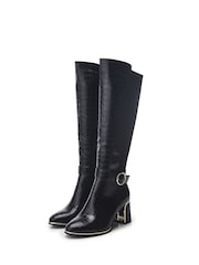 Moda in Pelle Shantel Black Long Boots With Trim And Metal Heel - Image 2 of 4