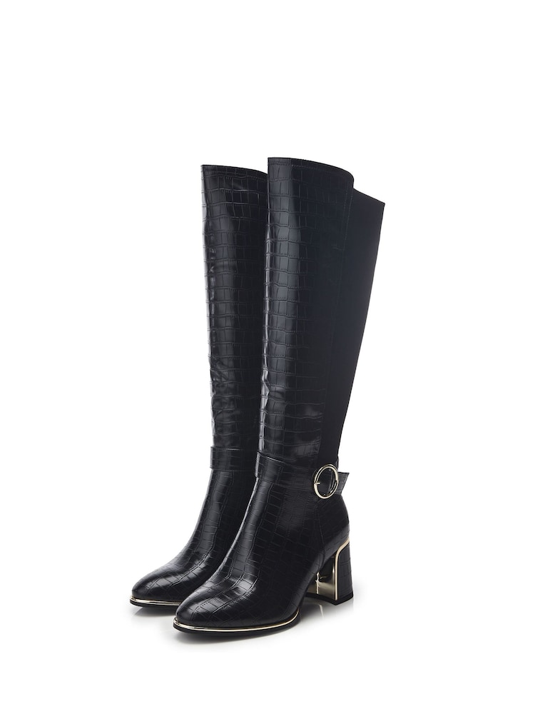 Moda in Pelle Shantel Black Long Boots With Trim And Metal Heel - Image 2 of 4