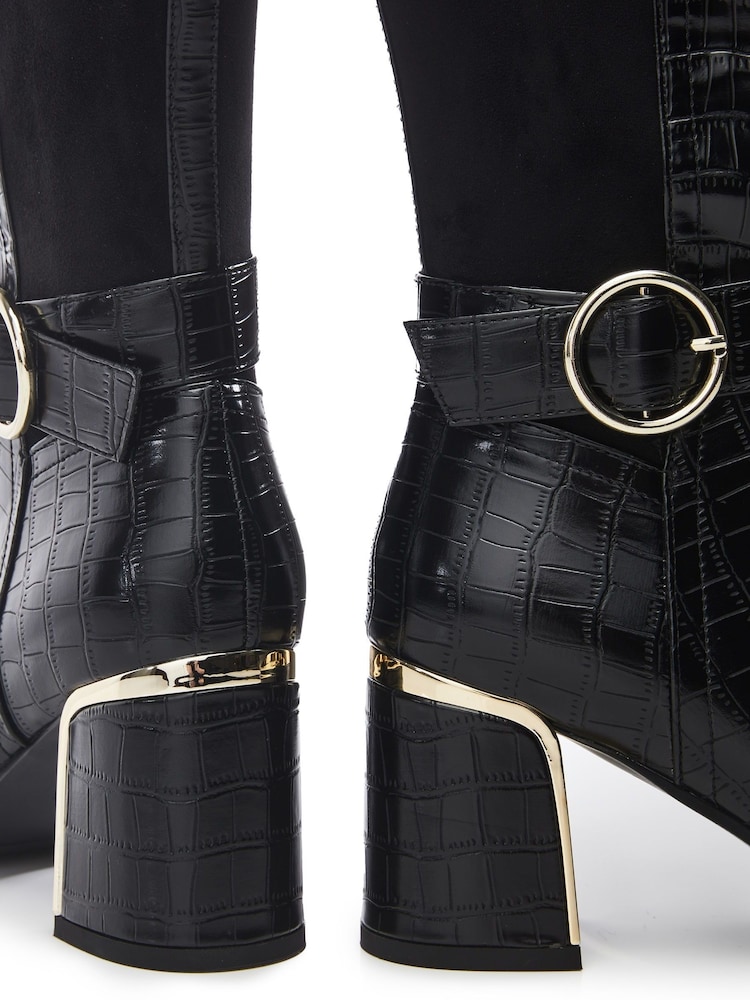 Moda in Pelle Shantel Black Long Boots With Trim And Metal Heel - Image 4 of 4