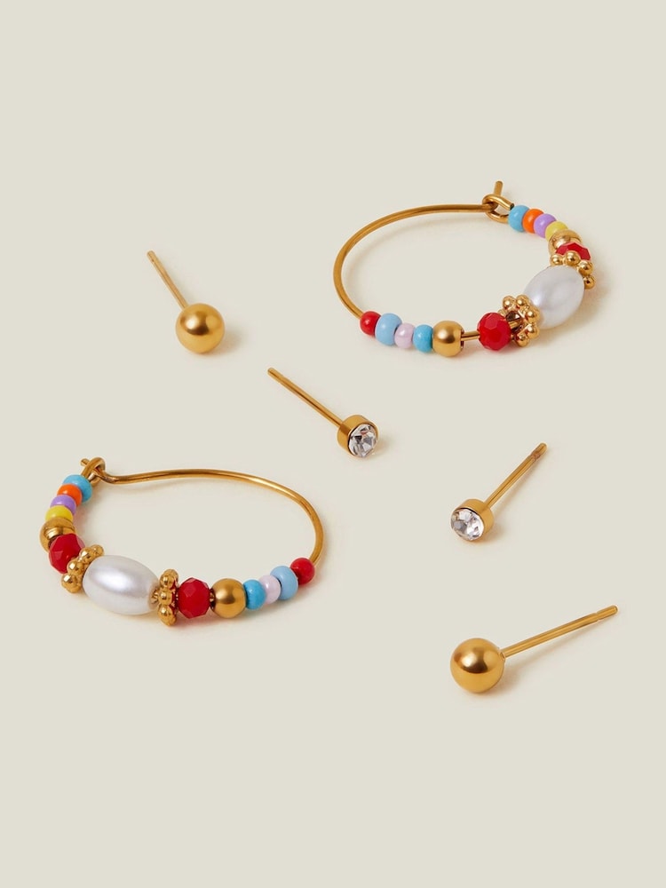 Accessorize Gold Tone 14ct Stainless Steel Stud And Hoop Earrings 3 Pack - Image 1 of 3