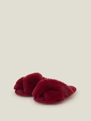 Accessorize Red Cross Strap Faux Fur Slide Slippers - Image 1 of 2