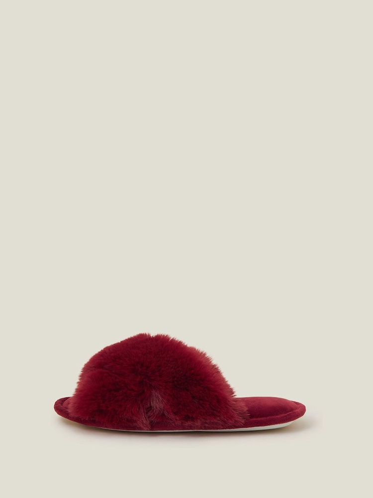 Accessorize Red Cross Strap Faux Fur Slide Slippers - Image 2 of 2