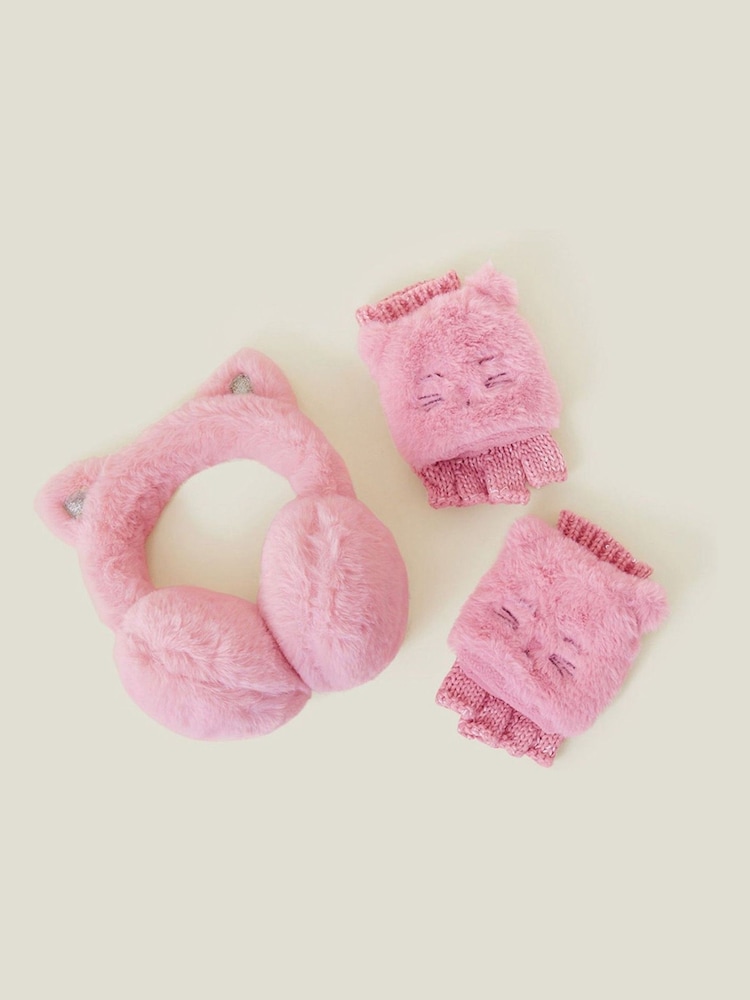 Angels By Accessorize Pink Girls Cat Faux Fur Earmuffs and Gloves Set - Image 1 of 2
