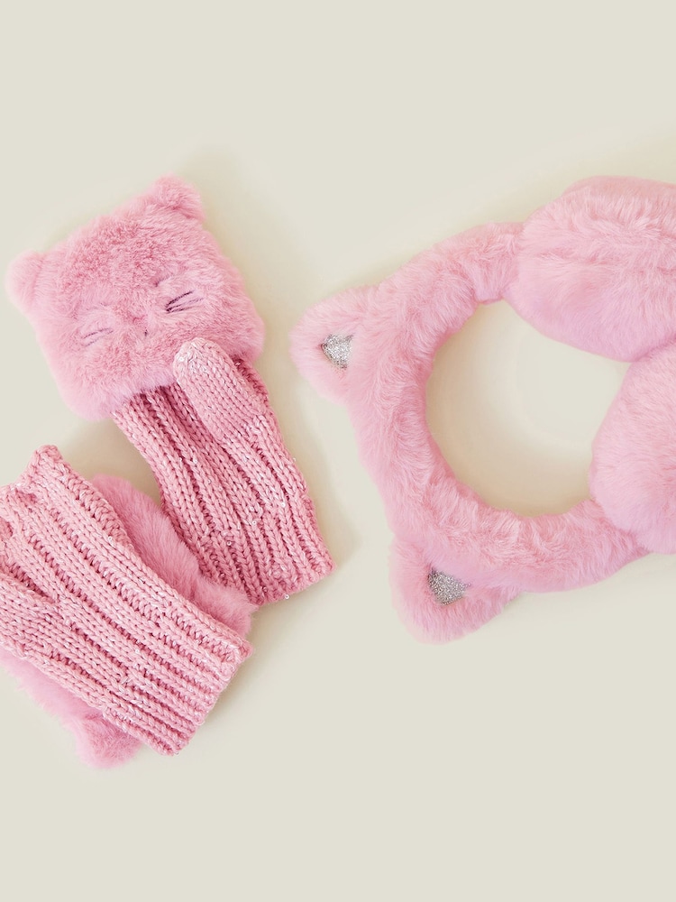 Angels By Accessorize Pink Girls Cat Faux Fur Earmuffs and Gloves Set - Image 2 of 2