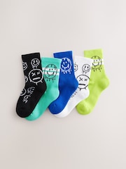 Blue/Green Graffiti Smile Cushioned Footbed Cotton Rich Ribbed Tipped Socks 5 Pack - Image 1 of 3