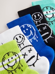 Blue/Green Graffiti Smile Cushioned Footbed Cotton Rich Ribbed Tipped Socks 5 Pack - Image 2 of 3