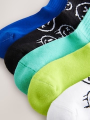 Blue/Green Graffiti Smile Cushioned Footbed Cotton Rich Ribbed Tipped Socks 5 Pack - Image 3 of 3