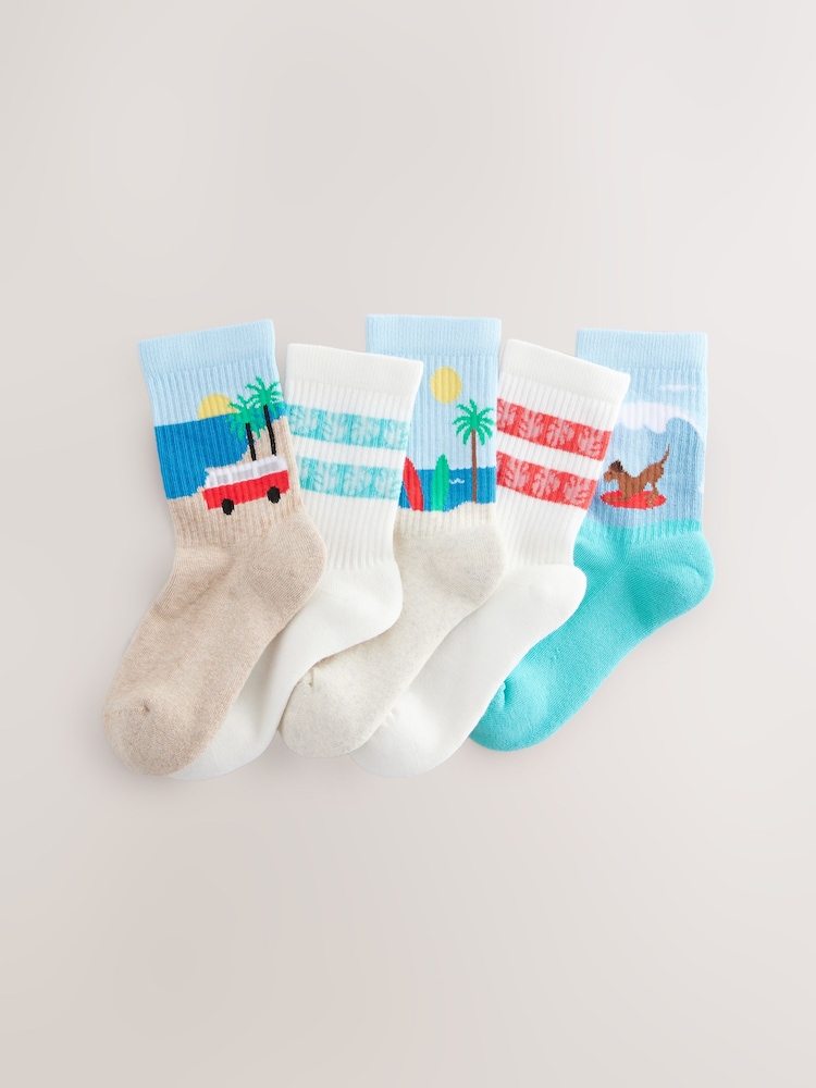Summer Beach Landscape Cushioned Footbed Cotton Rich Ribbed Tipped Socks 5 Pack - Image 1 of 3