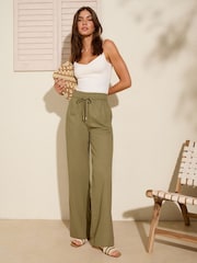 Friends Like These Khaki Green Wide Leg Linen Blend Trousers - Image 1 of 1