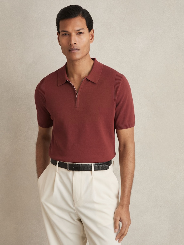 Reiss Rust Berkley Cotton Half-Zip Knitted Polo Shirt - Image 1 of 6