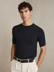 Reiss Navy Amigo Ribbed Knit Crew T-Shirt - Image 1 of 6