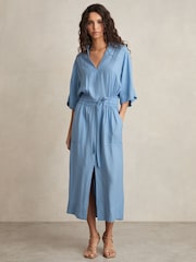 Reiss Blue Cecilia Shirred-Waist Midi Shirt Dress - Image 1 of 5