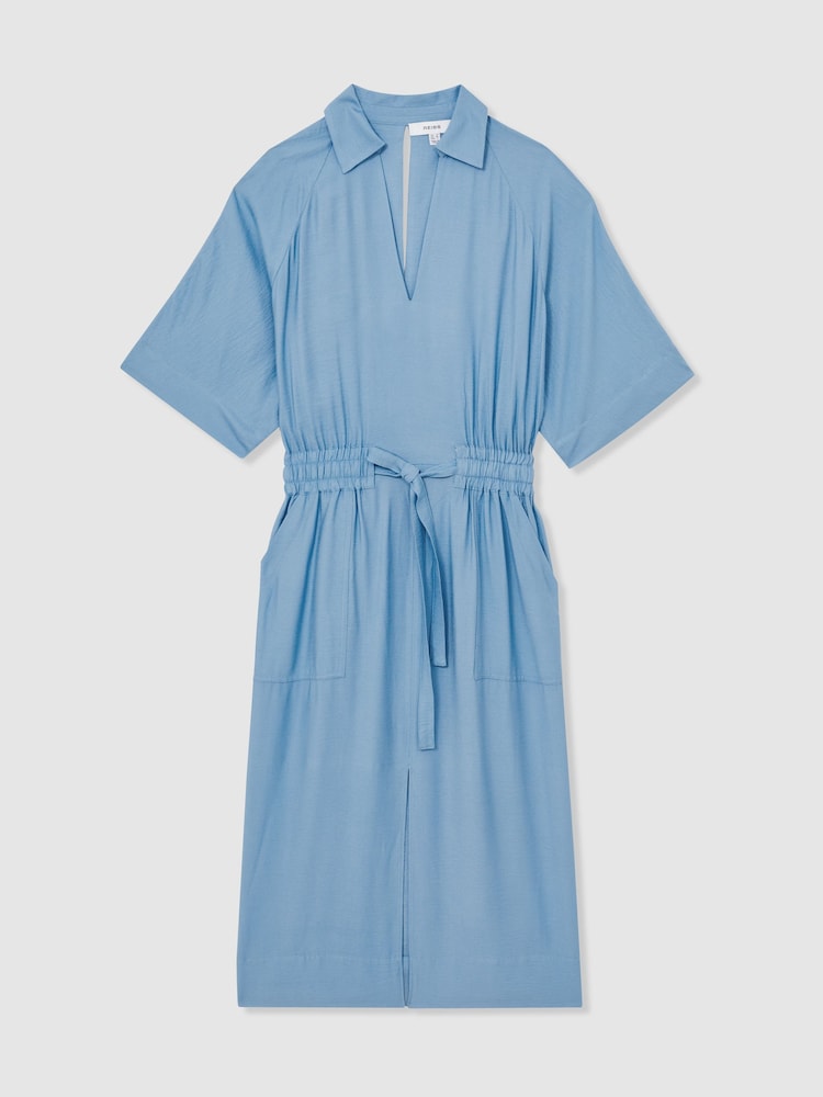 Reiss Blue Cecilia Shirred-Waist Midi Shirt Dress - Image 2 of 5