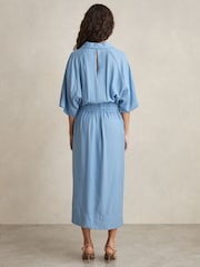 Reiss Blue Cecilia Shirred-Waist Midi Shirt Dress - Image 4 of 5