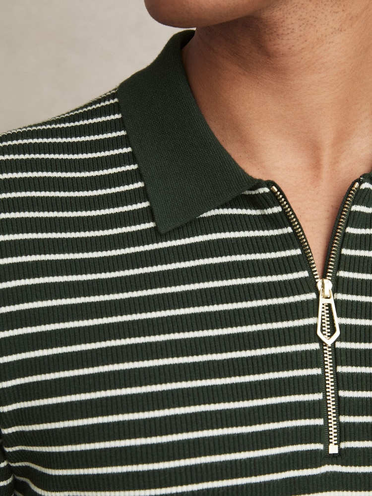 Reiss Forest Green Fallow Half-Zip Stripe Polo Shirt - Image 4 of 6
