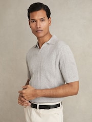 Reiss Grey Melange Kansas Textured-Stripe Knitted Polo Shirt - Image 1 of 6