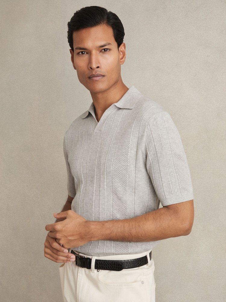 Reiss Grey Melange Kansas Textured-Stripe Knitted Polo Shirt - Image 1 of 6