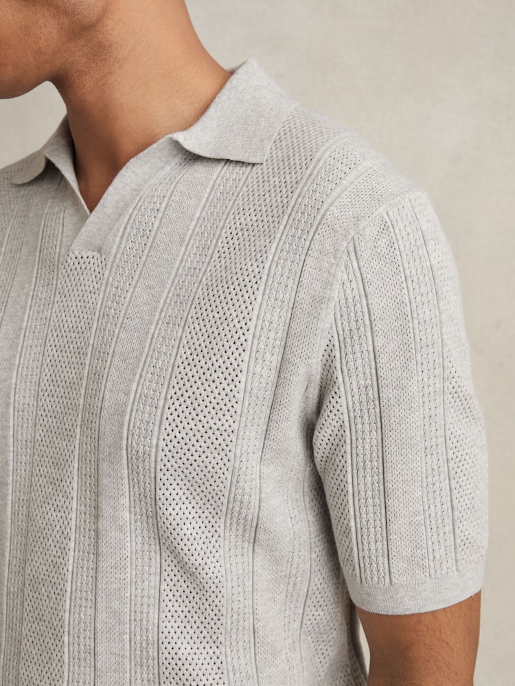 Reiss Grey Melange Kansas Textured-Stripe Knitted Polo Shirt - Image 4 of 6