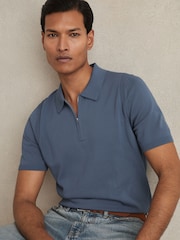 Reiss Airforce Blue Berkley Cotton Half-Zip Knitted Polo Shirt - Image 1 of 7
