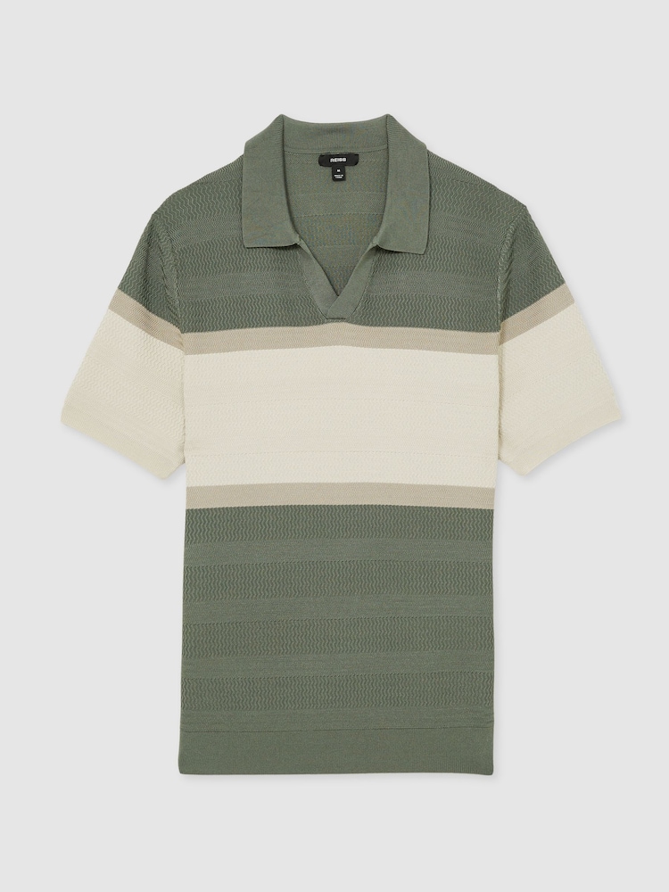 Reiss Sage Green Jefferson Textured Knit Stripe Polo Shirt - Image 2 of 5