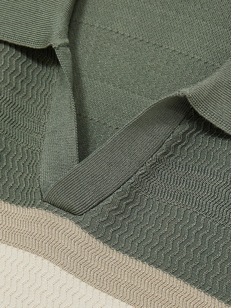 Reiss Sage Green Jefferson Textured Knit Stripe Polo Shirt - Image 5 of 5