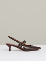 Reiss Chocolate Isla Leather Slingback Buckle Court Shoes - Image 1 of 5
