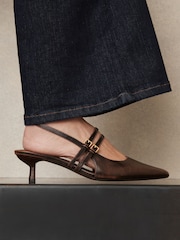 Reiss Chocolate Isla Leather Slingback Buckle Court Shoes - Image 2 of 5