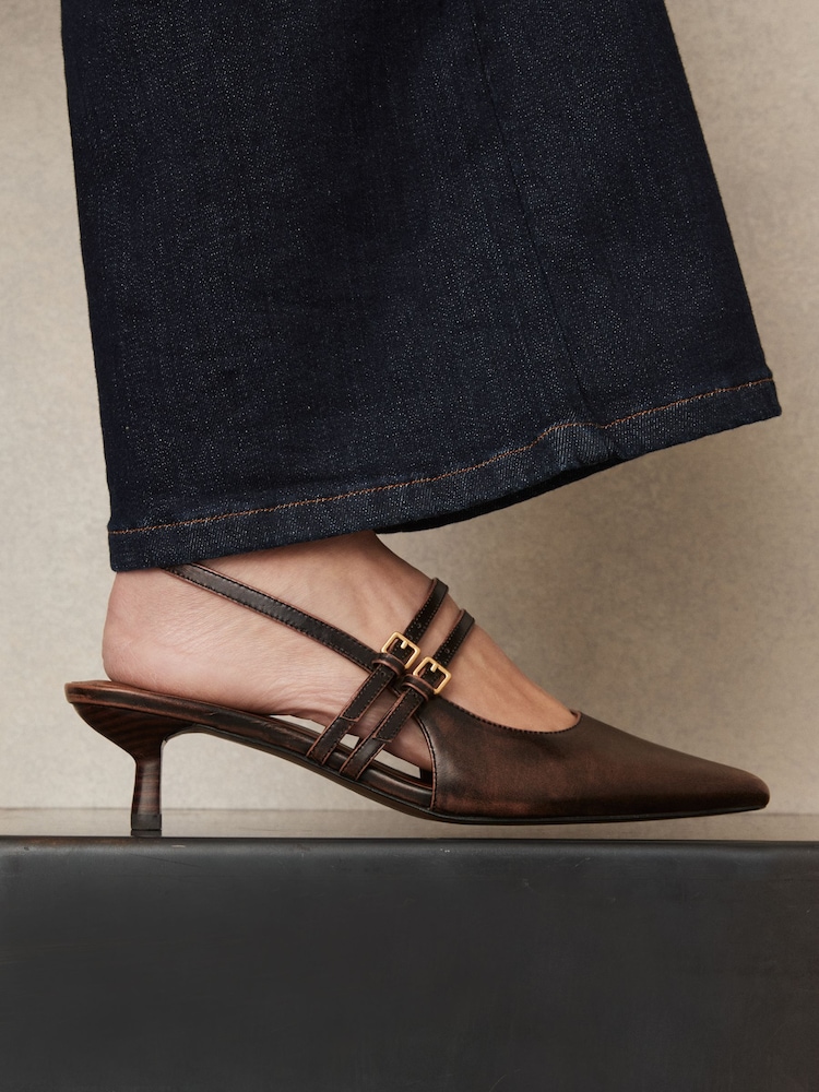 Reiss Chocolate Isla Leather Slingback Buckle Court Shoes - Image 2 of 5