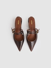 Reiss Chocolate Isla Leather Slingback Buckle Court Shoes - Image 3 of 5