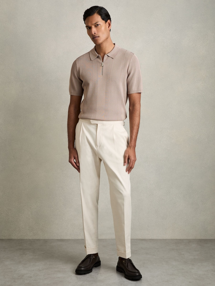 Reiss Taupe Brown Bart Half-Zip Textured-Knit Polo Shirt - Image 6 of 8