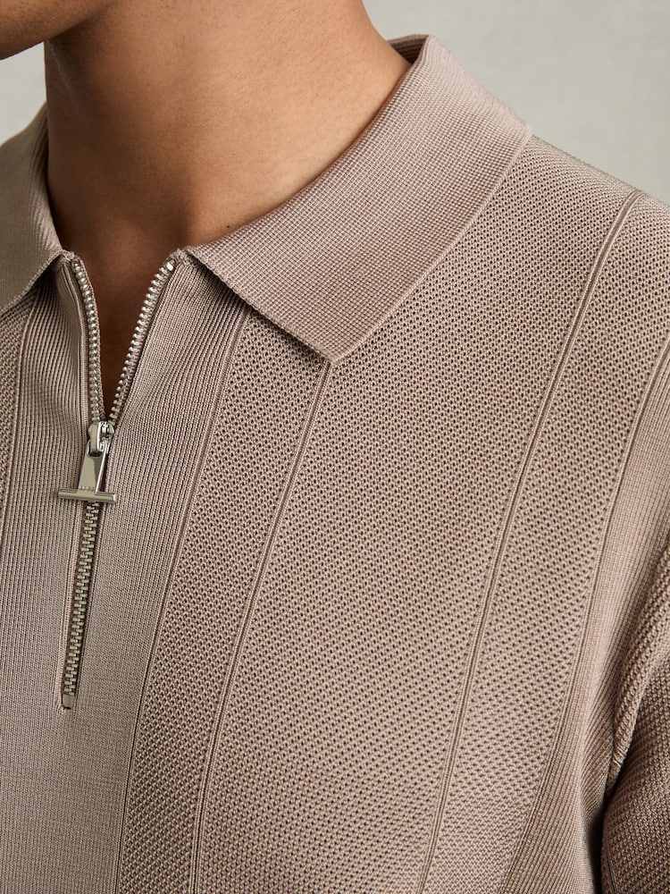 Reiss Taupe Brown Bart Half-Zip Textured-Knit Polo Shirt - Image 7 of 8