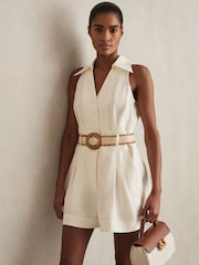Reiss Cream Anjie Linen Belted Collar Playsuit - Image 1 of 6