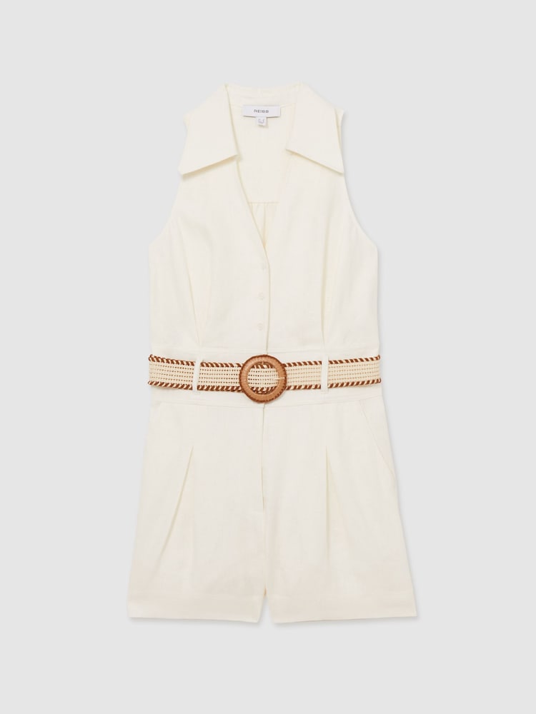 Reiss Cream Anjie Linen Belted Collar Playsuit - Image 2 of 6