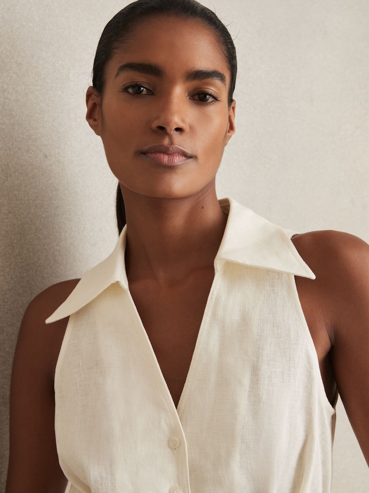 Reiss Cream Anjie Linen Belted Collar Playsuit - Image 4 of 6