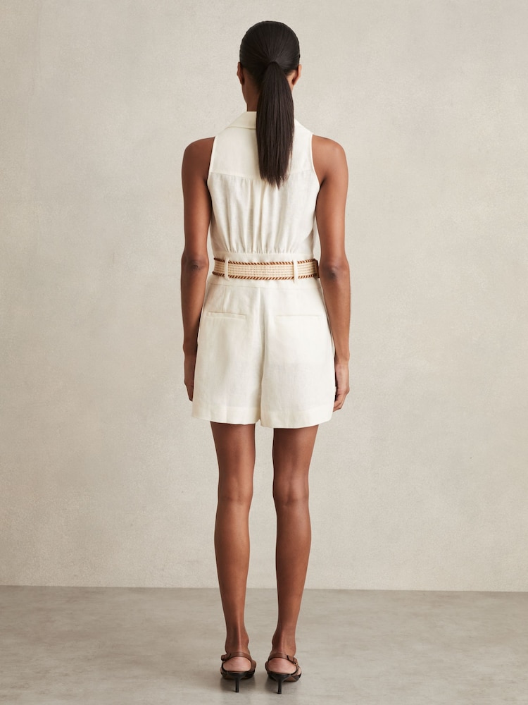 Reiss Cream Anjie Linen Belted Collar Playsuit - Image 5 of 6