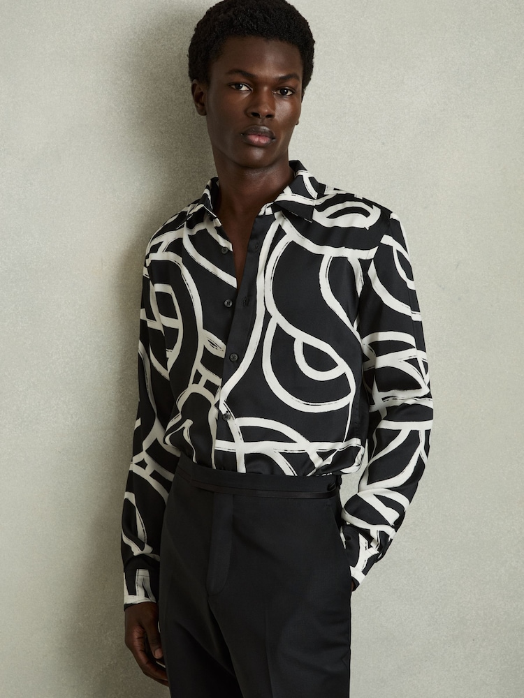 Reiss Black/White Picarli Abstract Painted Print Shirt - Image 1 of 7