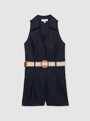 Reiss Navy Anjie Linen Belted Collar Playsuit - Image 2 of 6
