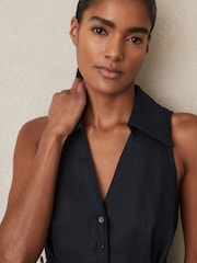 Reiss Navy Anjie Linen Belted Collar Playsuit - Image 4 of 6
