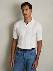 Reiss White Kansas Textured-Stripe Knitted Polo Shirt - Image 1 of 7